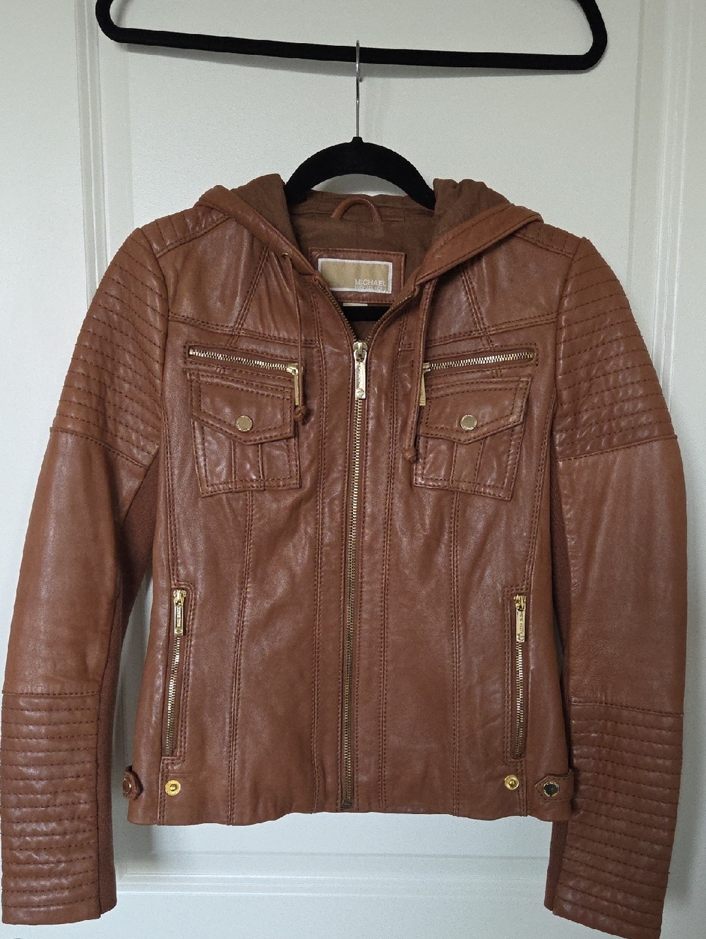 Michael Kors Cognac Hooded Leather Moto Jacket